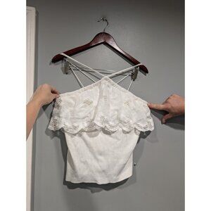 Anthropologie Ruffled Halter Eyelet Tank Blouse Top Ruffle White Womens Sz L